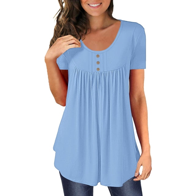 Baberdicy Ruched Tunic Tops for Women - Casual Short Sleeve Blouses (Leggings Matching, Spring/Summer Outfits) Sky Blue M