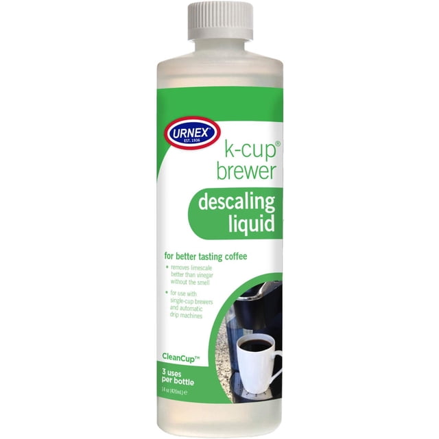 Urnex CleanCup Descaling Solution for Keurig K-Cup Machines, 14 oz (420 ml) bottle with green and white packaging. Designed for coffee maker maintenance, it removes limescale buildup, improves coffee taste, and extends machine lifespan. Made from biodegradable ingredients and compatible with single-cup brewers and drip machines.