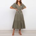 thumbnail image 1 of LOVZFMLL Women Solid Short Sleeve Loose Ruffles Lacing Dress Army Green L, 1 of 5