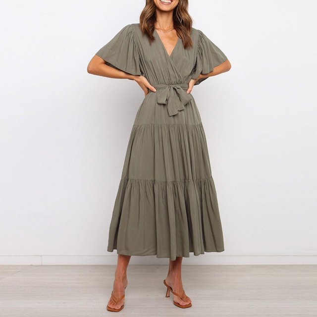 LOVZFMLL Women Solid Short Sleeve Loose Ruffles Lacing Dress Army Green L