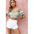 thumbnail image 4 of Women's Ruffle Short Sleeve Tie Up Back Crop Top Off Shoulder Bardot Blouse,Mint Green,M, 4 of 7