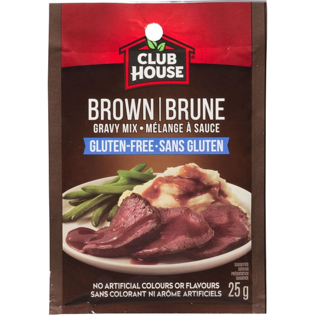Club House Brown Gluten-Free Gravy Mix 25g packet with red and brown packaging, bilingual English and French text, featuring a serving suggestion of sliced roast beef, mashed potatoes with brown gravy, and green beans, suitable for enhancing sauces and gravies in pantry cooking.