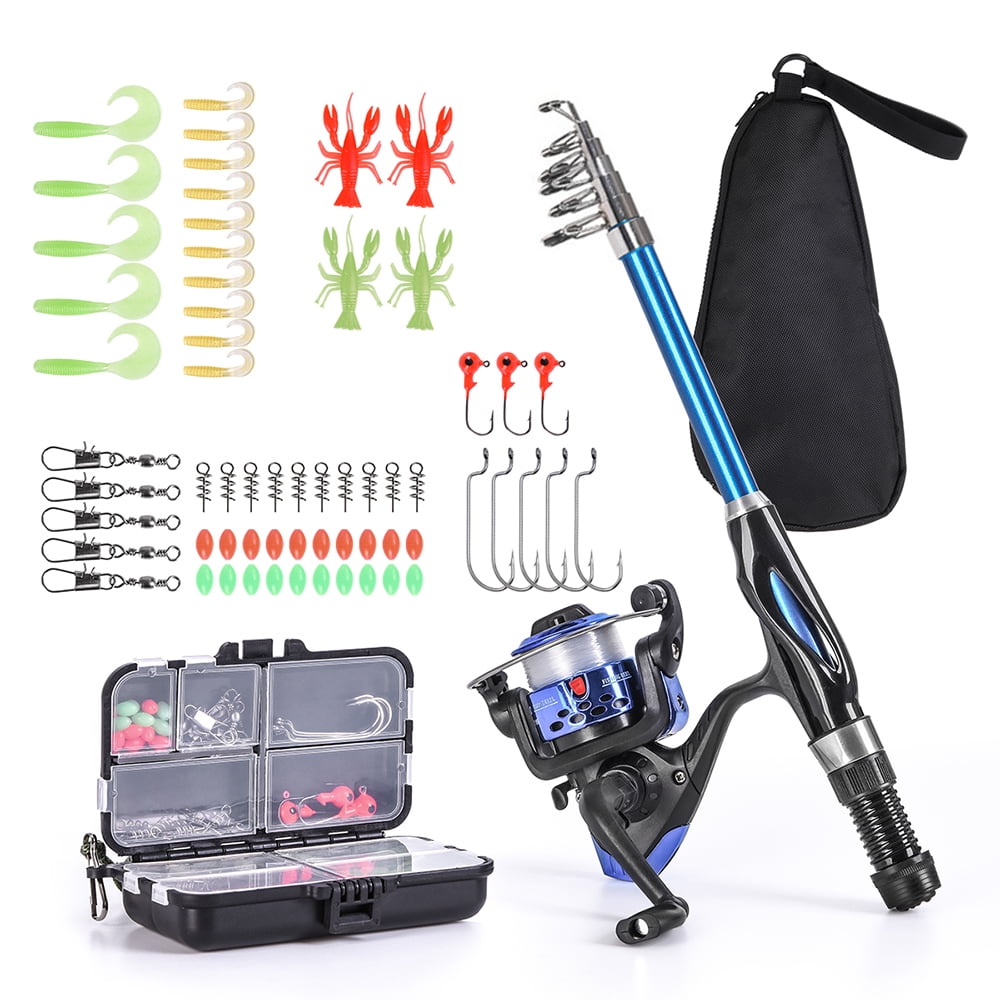 Yeacher Fishing Rod Reel Combo Full Kit 1.5m Telescopic Fishing Rod Spinning Reel Set with Hooks Soft Lures Barrel Swivels Storage Bag