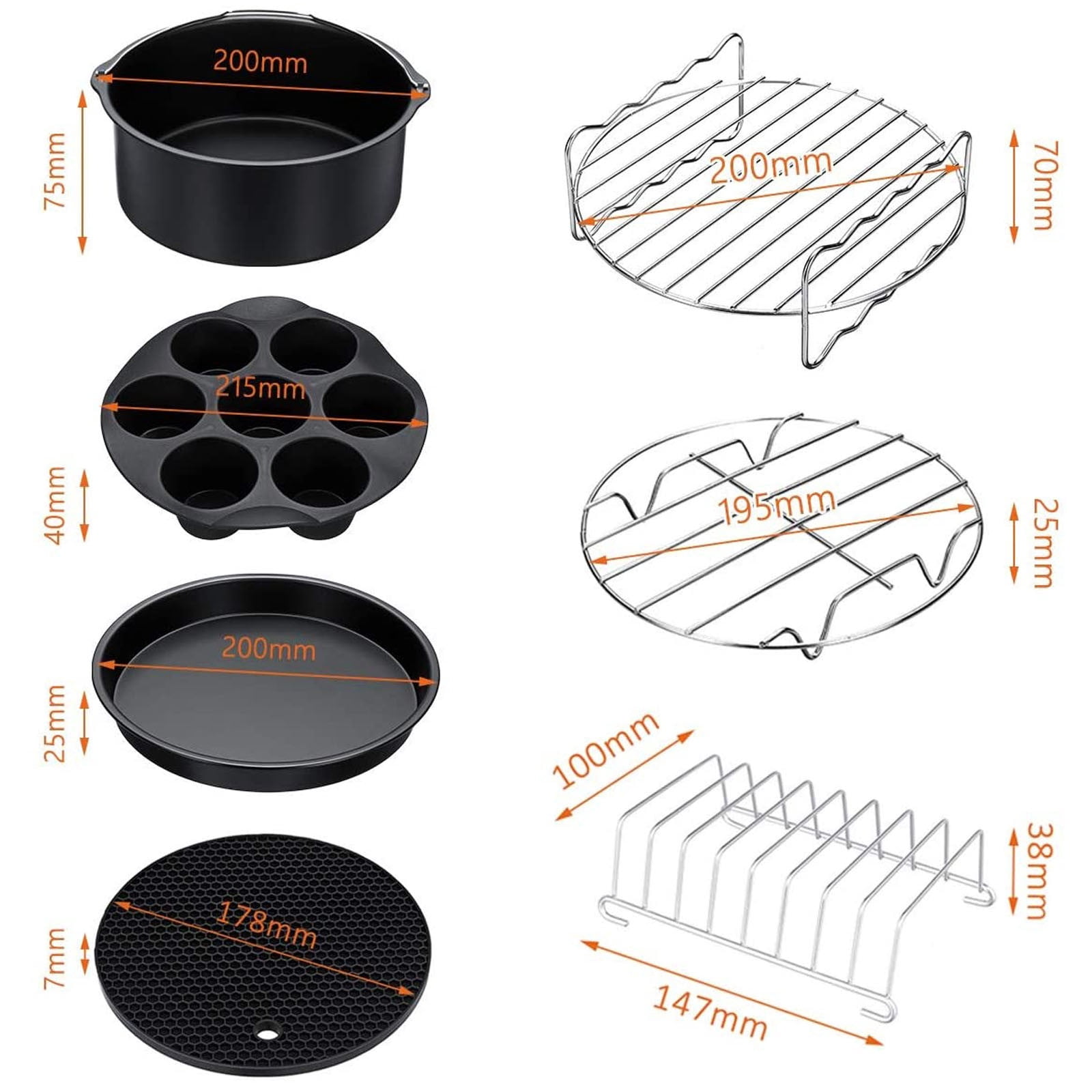 Piwvid Air Fryer Accessories, Set of 8 Fit for 4.8QT-6.3QT Air Fryer with 8 Inch Cake & Pizza Pan, Metal Holder, Skewer Rack & Skewers, etc, Nonstick Coating, Dishwasher Safe for Home Kitchen