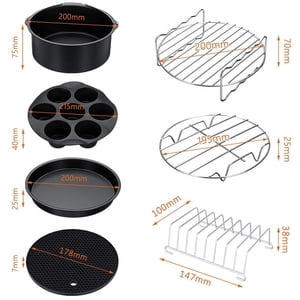 Piwvid Air Fryer Accessories, Set of 8 Fit for 4.8QT-6.3QT Air Fryer with 8 Inch Cake & Pizza Pan, Metal Holder, Skewer Rack & Skewers, etc, Nonstick Coating, Dishwasher Safe for Home Kitchen