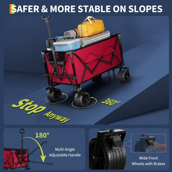 Garden Wagon – Heavy Duty Extra Large Utility Cart – 35" Collapsible, 350 lbs, 280L – All-Terrain Wheels, Cup Holders & Side Pocket – for Beach, Garden & Camping – Red