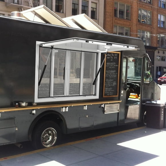 TROPOW Fenêtre de Service pour Camion-Restaurant en Aluminium 36 Pouces x 24 Pouces – Moustiquaires Coulissantes, Protection d'Auvent, Mécanisme de Verrouillage et Crochet de Glissière pour Traiteur Mobile