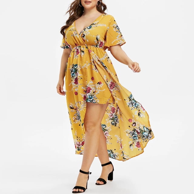 TIMIFIS Robe Longue Maxi pour Femmes à Manches Courtes, Florale, Asymétrique, Col en V, Fluide, de Soirée