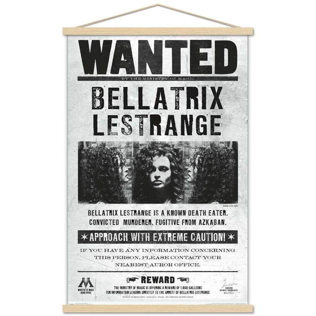 Le Monde des Sorciers : Harry Potter - Affiche Murale Bellatrix Recherchée, 14,725 Pouces x 22,375 Pouces Affiche une Affiche Vintage de Recherche avec Texte Noir Audacieux « Wanted » et « Bellatrix LESTRANGE ». Elle Présente une image de Profil Latéral en Noir et Blanc de Bellatrix LESTRANGE aux Cheveux Bouclés sur Papier Texturé Vieilli. l'Affiche Déclare Qu'elle Est une Mort Connue, Meurtrière et fugitive d'Azkaban, avec un