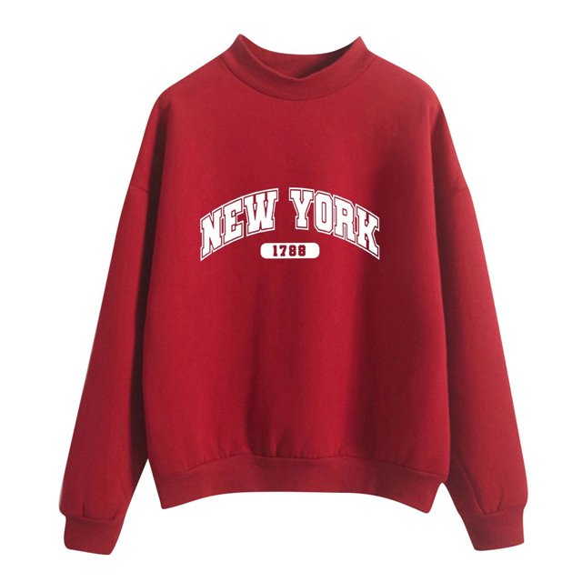 HNMKIU Women's Tops Autumn Winter O Neck Solid Color Printed Long Sleeve Pullover Sweatshirt
