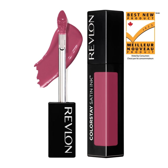 Revlon ColorStay Satin Ink Liquid Lipstick in deep rose with a black rectangular cap and clear tube showing the satin-finish liquid color, featuring a soft applicator wand and a lipstick swatch behind, awarded 2022 Best New Product by Canadian consumers, ideal for long-lasting, moisturizing lip color wear.