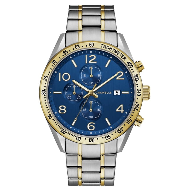 Caravelle Montre à Quartz Bicolore pour Homme avec Boîtier en Acier Inoxydable Bicolore de 44 mm et bracelet avec accents Dorés. Elle a un Cadran Bleu avec Chronographe à Six Aiguilles, des Marqueurs d'Heure Ton Or, un Affichage de la date à 3 Heures et une Lunette Tachymétrique. le bracelet Utilise une Fermeture à Double Poussée Rabattable. Résistant à l'Eau jusqu'à 50 m, Convient Aussi au Chronométrage pour les Activités Sportives Décontractées.