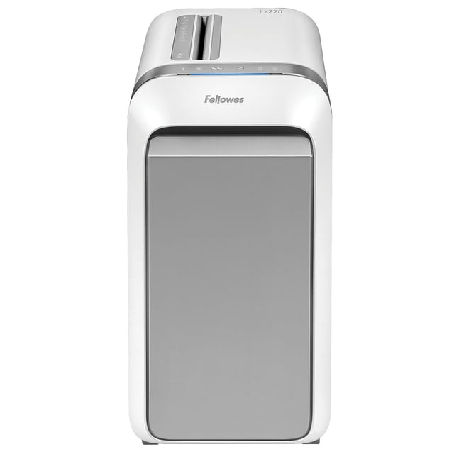 Fellowes Powershred® LX220 Micro Déchiqueteuse Blanche avec Conception Rectangulaire Orientée vers l'Avant, Porte de Bac Grise et Fente Supérieure pour Papier. Dotée de la Réactivité IntelliBar, de la Sécurité SafeSense, d'Une Technologie Anti-Bourrage et d'Un Indicateur d'Efficacité pour un Déchiquetage Sécuritaire au Bureau.