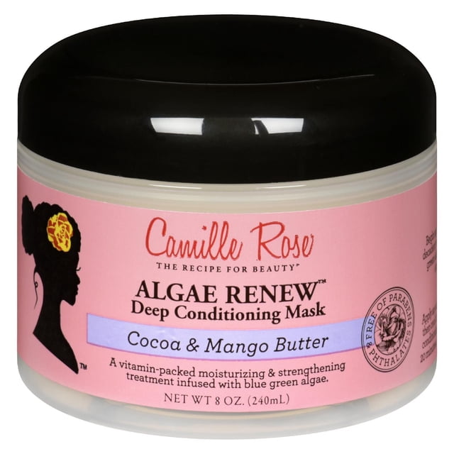 Masque Revitalisant en Profondeur Algae Renew par Camille Rose en Pot de 8 oz (240 ml) avec Couvercle Noir et Étiquette Rose, Infusé de Cacao et de Beurre de Mangue pour Hydrater et Fortifier les Cheveux avec des Algues Bleu-Vert, Idéal pour un Revitalisant en Profondeur et un Démêlage.