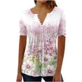 thumbnail image 2 of EGNMCR T-Shirts pour Femmes Femmes Mode Été Pli Imprimé Régulier Femmes Manches Courtes Col en V Bouton Haut, 2 of 3