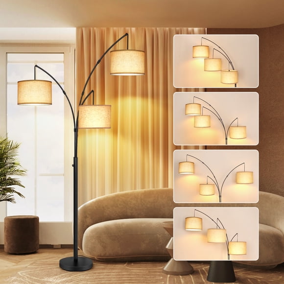 OUTON 80" Mordern Floor Lamp, 3 Light Arc Standing Lamp with Linen Lamp Shade for Living Room, Bedroom, 3 Bulbs Includes(Black)