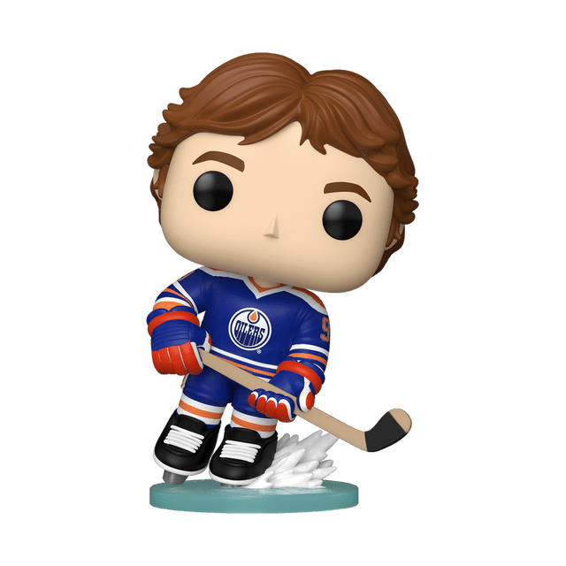 Funko Pop! NHL: Edmonton Oilers - Wayne Gretzky (Rookie) Vinyl Figure showing a front-facing vinyl figure of Wayne Gretzky in a blue Edmonton Oilers hockey jersey with orange and white stripes, holding a hockey stick, wearing black skates with white laces, standing on a teal base with white ice detail, suitable for hockey figure collectors.