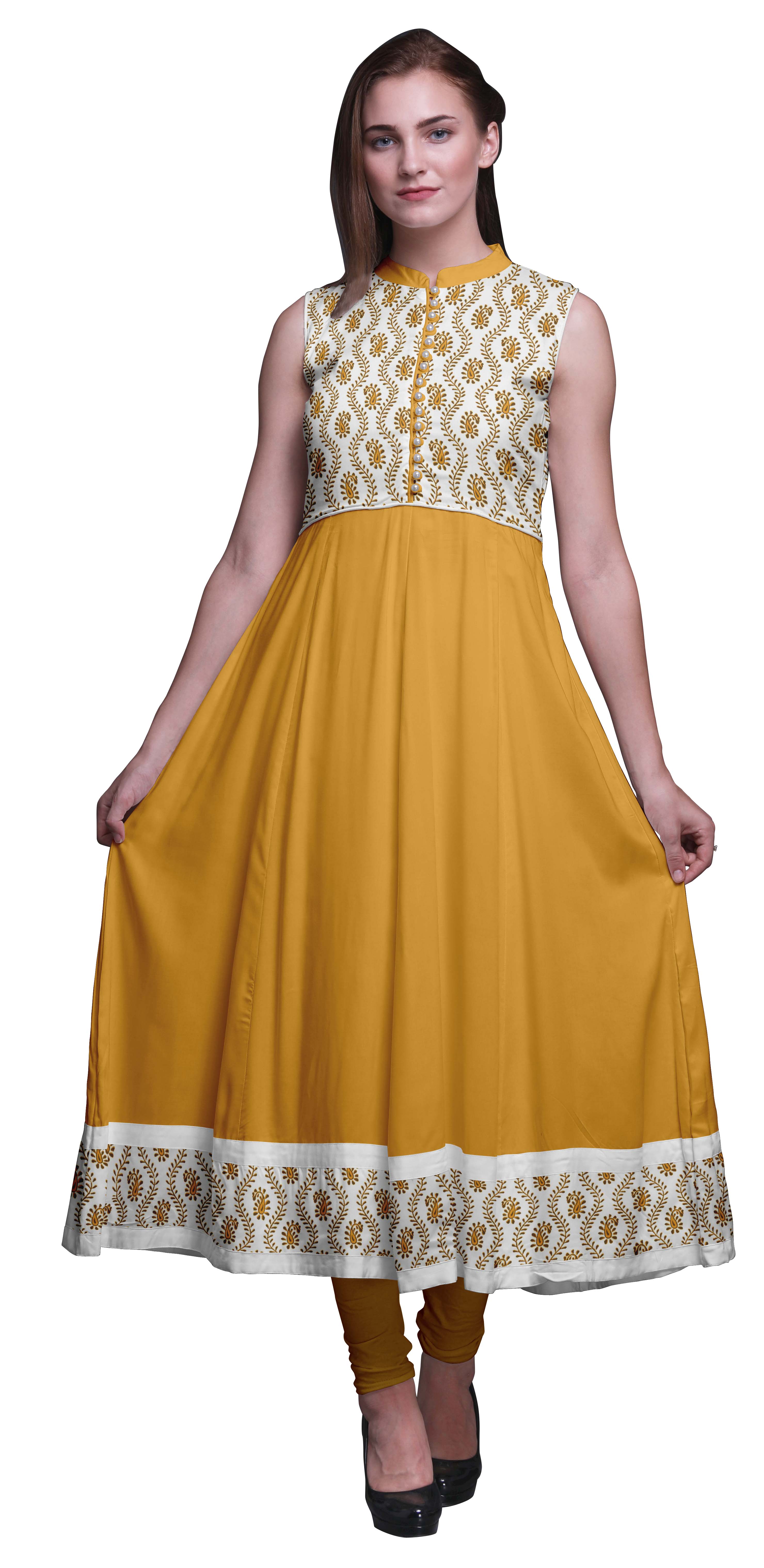 Bimba Kurtis Indiens Honey Orange Block pour Femmes, Anarkali Prêt-à-Porter Uni, Robe Imprimée Kurti Indienne XXX-Large