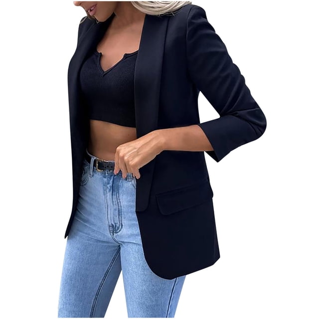 IROINID Veste Blazer Courte pour Femme, Col à Revers, Couleur Unie, Manches Longues, Cardigan de Tailleur pour Dames à Revers, Manteau de Tailleur Décontracté, Noir