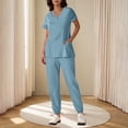 thumbnail image 2 of Yanlir Womens Button Down Solid Color Short Sleeve V Neck Blouse and Foot Binding Pants Set Fashion Two Piece Outfit(Light Blue,L), 2 of 6