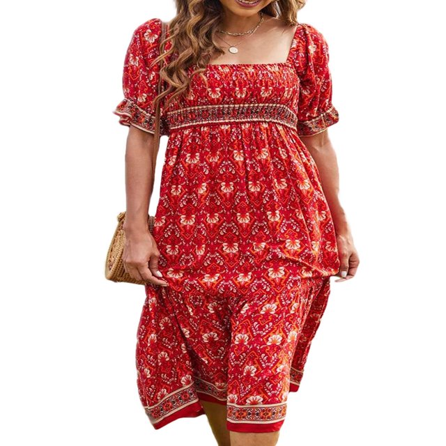 MesaSe Robe d'Été Bohème pour Femmes Imprimé Floral Col Carré à Volants Robe Longue Maxi de Plage Style E s