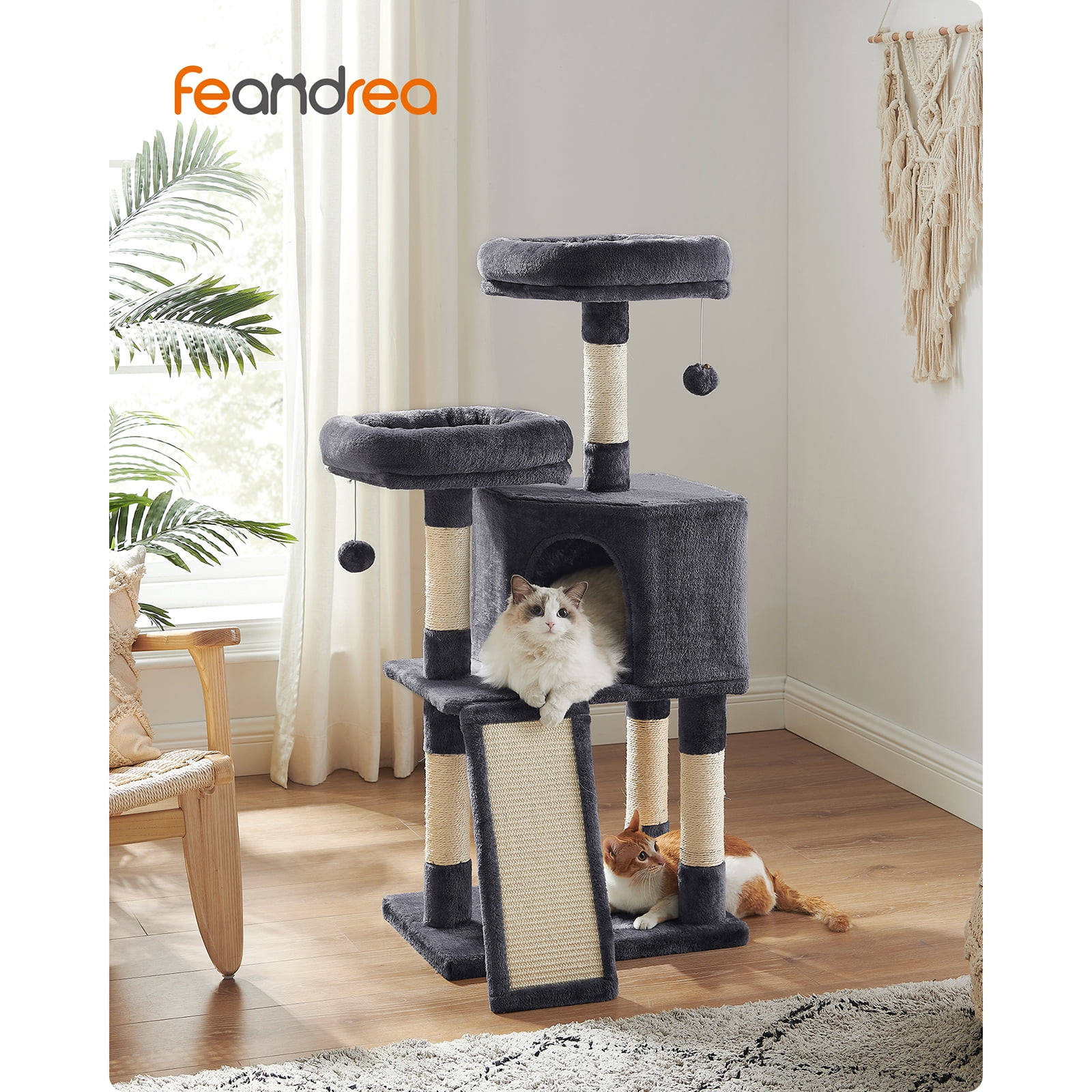 FEANDREA Cat Tree, Cat Tower, 45.3-inch Cat Condo with Scratching Posts, Ramp, 2 Plush Perches, Cat Cave, for Small Spaces, Apartment, Smoky Gray