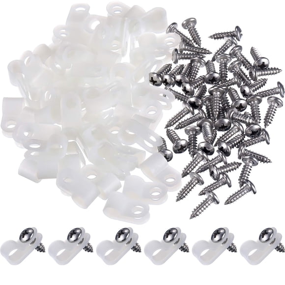 Hicarer 50 Pack R-Type Cable Clip Wire Clamp Nylon Screw Mounting Cord Fastener Clips with 50 Pack Screws for Wire Management (White 1/4 Inch)