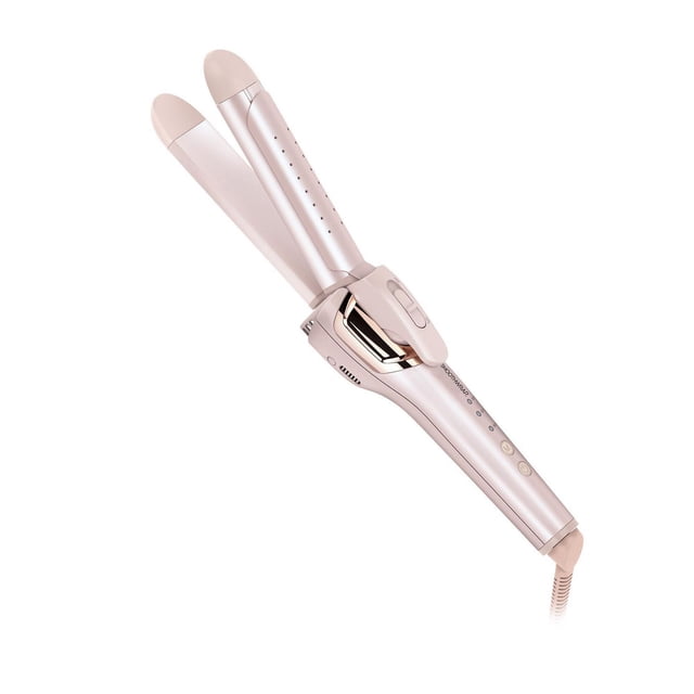 Smoothwrap™ 2-in-1 styler in soft pink with 1 ¼ inch ceramic-coated barrel and plates, ergonomic handle with control buttons and LED heat indicators, featuring dual heat settings and ion therapy for conditioning hair while curling or straightening.
