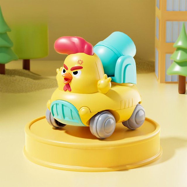 Feltree Animal Inertia Engineering Toy Car with Chicken Design, a yellow plastic movable vehicle with rounded edges and a lively chicken shape. This toy combines engineering functions like excavation and mixing, making it suitable for kids' pretend play, learning, and assembly brain teaser activities.