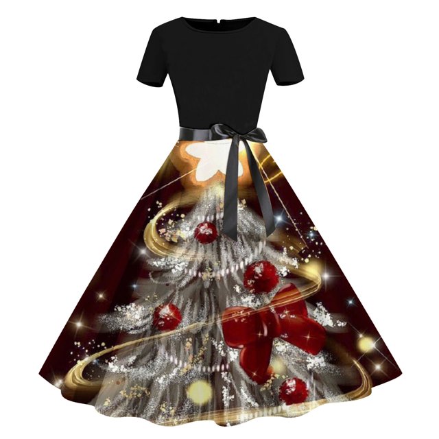 Jsaierl Robe de Noël pour Femmes à Manches Longues, Col en V, Plissée, Robes de Bal avec Ceinture, Robe Évasée 2024 pour l'Hiver, Vacances, Cocktail, Fête