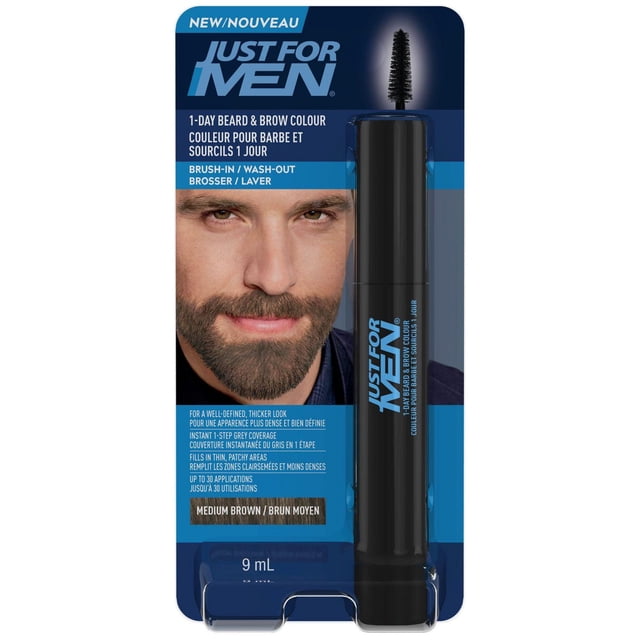 Just for Men 1-Day Beard & Brow Colour in medium brown, a brush-in, wash-out semi-permanent hair colour for beard and eyebrows, in a black tube with spoolie brush applicator, providing instant grey coverage and filling thin, patchy areas for a thicker, well-defined look, with up to 30 applications per 9 mL package.