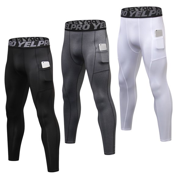 Yeacher 3 Pack Men’s Pants Quick Dry Sport Tights Baselayer Running Workout Active Athletic Leggings with Pockets