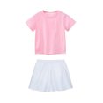 thumbnail image 1 of Cheerleading Performance Dress for Girls, 2-Piece Short Sleeve T-shirt and Elastic Waist Skirt Set, Solid Color, Stretch Polyester Spandex Blend, Round Neck, Casual Style, For Ages, 1 of 4