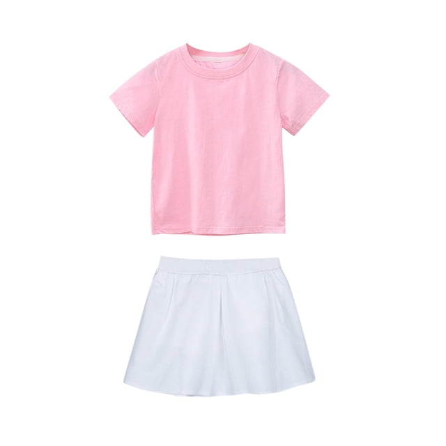 Cheerleading Performance Dress for Girls, 2-Piece Short Sleeve T-shirt and Elastic Waist Skirt Set, Solid Color, Stretch Polyester Spandex Blend, Round Neck, Casual Style, For Ages