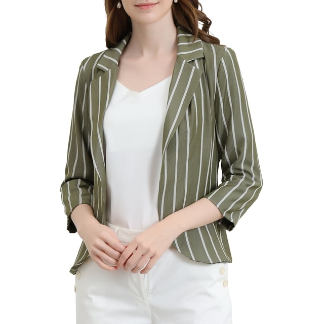 INSPIRE CHIC Blazer à Rayures pour Femme Manches 3/4 Décontracté Ouvert à l'Avant Revers Cranté Blazer TP Vert Armée