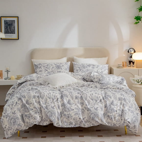 King Size Duvet Cover Set Flower, 100% Cotton 3 Pieces King Floral Bedding Sets for Girls, Vintage Chic Style Flower Leaf Pattern Printed Flower Duvet Cover King, with Zipper Closure (Flower, King)