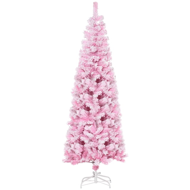 HOMCOM Snow Flocked Pencil Artificial Christmas Tree with Steel Base in pink, designed for indoor holiday decor. Features a slim pencil shape ideal for small spaces, 520 tips with artificial snow for a wintry look, flame-retardant branches for safety, and a sturdy steel base for stability.