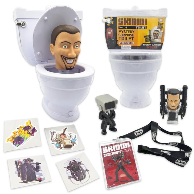 Skibidi Toilet Coffret de Jeu de Collection Surprise Mystère avec une Toilette Jouet en Plastique Blanche avec Couvercle à Ressort et Tête Télescopique Escamotable, Deux mini Figurines de la Série Skibidi Toilet, Quatre Autocollants de Personnages et une Lanière de Marque avec un Porte-Carte d'Identité Affichant une image de Personnage.