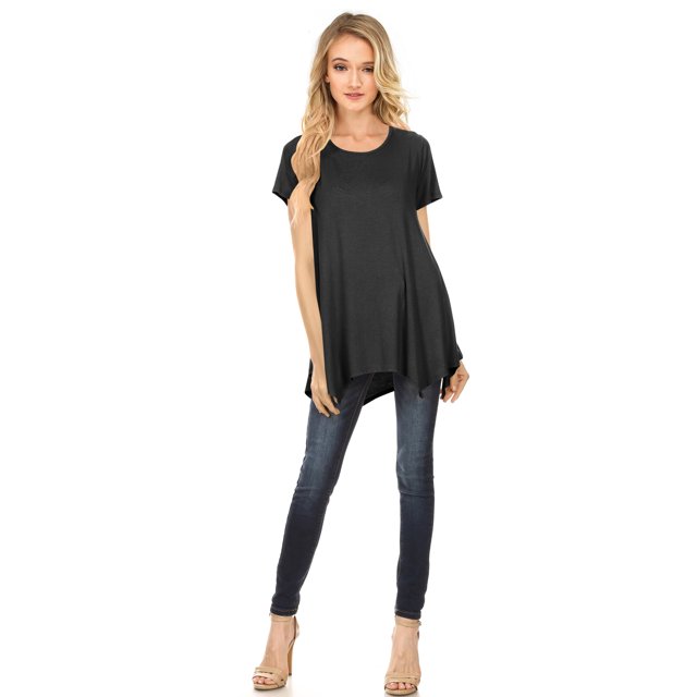 Womens Short Sleeve Scoop Neck Flowy Tunic Top - Made in USA, Large