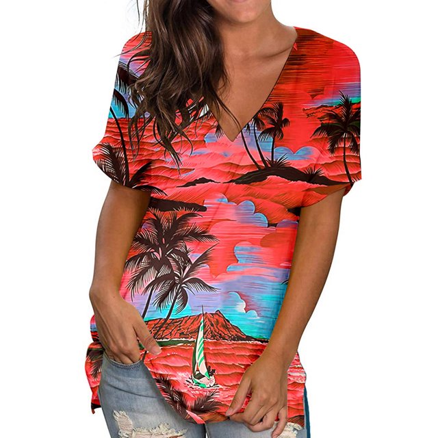 Débardeurs d'Été Grande Taille pour Femmes Col Ras du Cou T-Shirts Imprimés Manches Courtes T-Shirt Blouse Hauts Amples T-Shirt Col en V Femmes en Liquidation