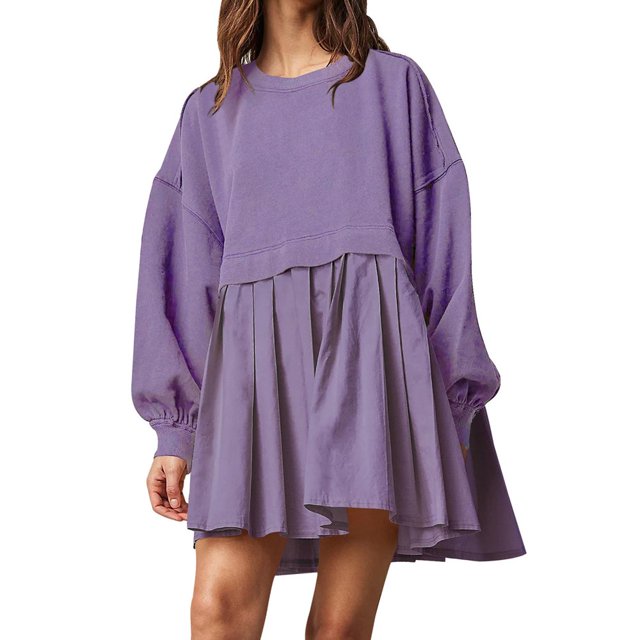 Womens Oversized Sweatshirt Dress Long Flowy Patchwork Pullover Tops Cute Drop Shoulder Sweatshirts Fall Long Sleeve Mini Dress Teen Girls Crewneck Solid Tunic Pleated Loose Clothing Beig