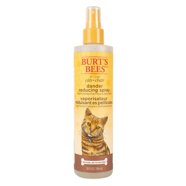 Burt's Bees Cat Dander Reducing Spray 10 fl oz in a yellow spray bottle with a clear cap, honeycomb pattern, and tabby cat illustration, formulated with colloidal oat flour and aloe vera to reduce dander and flakes while conditioning cat skin and coat, suitable for all cats and kittens.