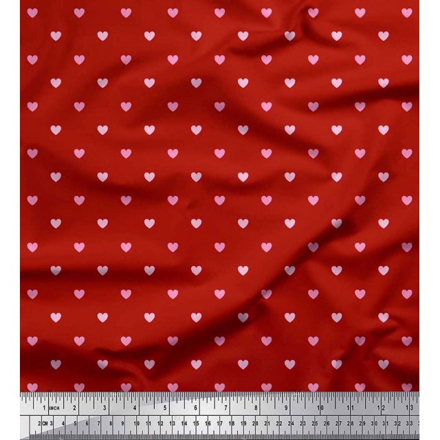 Soimoi Red Rayon Crepe Fabric Pink Heart Print Fabric by Yard 46 Inch Wide