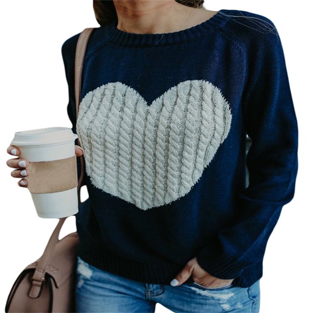 Chandail-Over Tricoté à Manches Longues Motif Cœur pour Femmes Saint-Valentin Noir TTG
