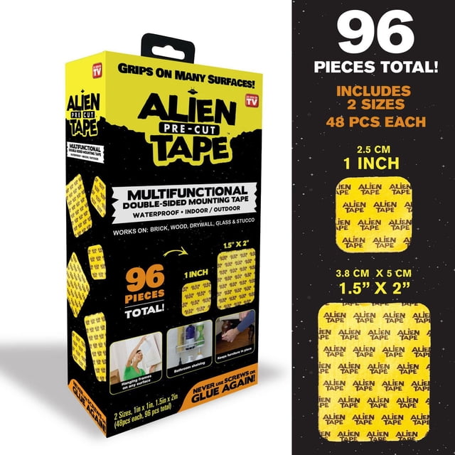 Alien Tape Nano Tape Pre Cut Double Side Tape Multipurpose Reusable 96 Pieces box showing waterproof, multifunctional double-sided mounting tape in two sizes, 1 inch by 1 inch and 1.5 inch by 2 inch, for strong adhesion on brick, wood, drywall, glass, and stucco surfaces indoors and outdoors without screws or glue.