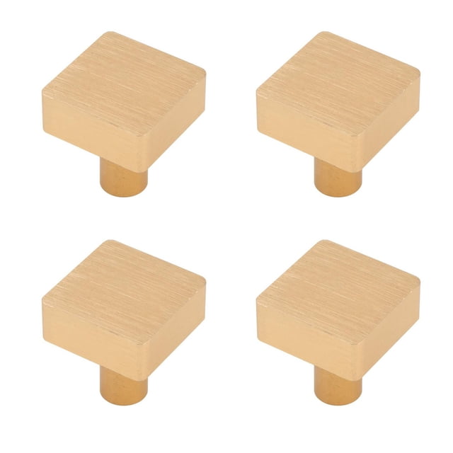 Era Square Knob 4-Pack Brushed Gold showing four square metal cabinet knobs with a brushed gold finish and cylindrical bases, measuring 1.18 x 1.18 inches, designed for modern, minimal, and industrial style furniture hardware, also suitable for desks and drawers.