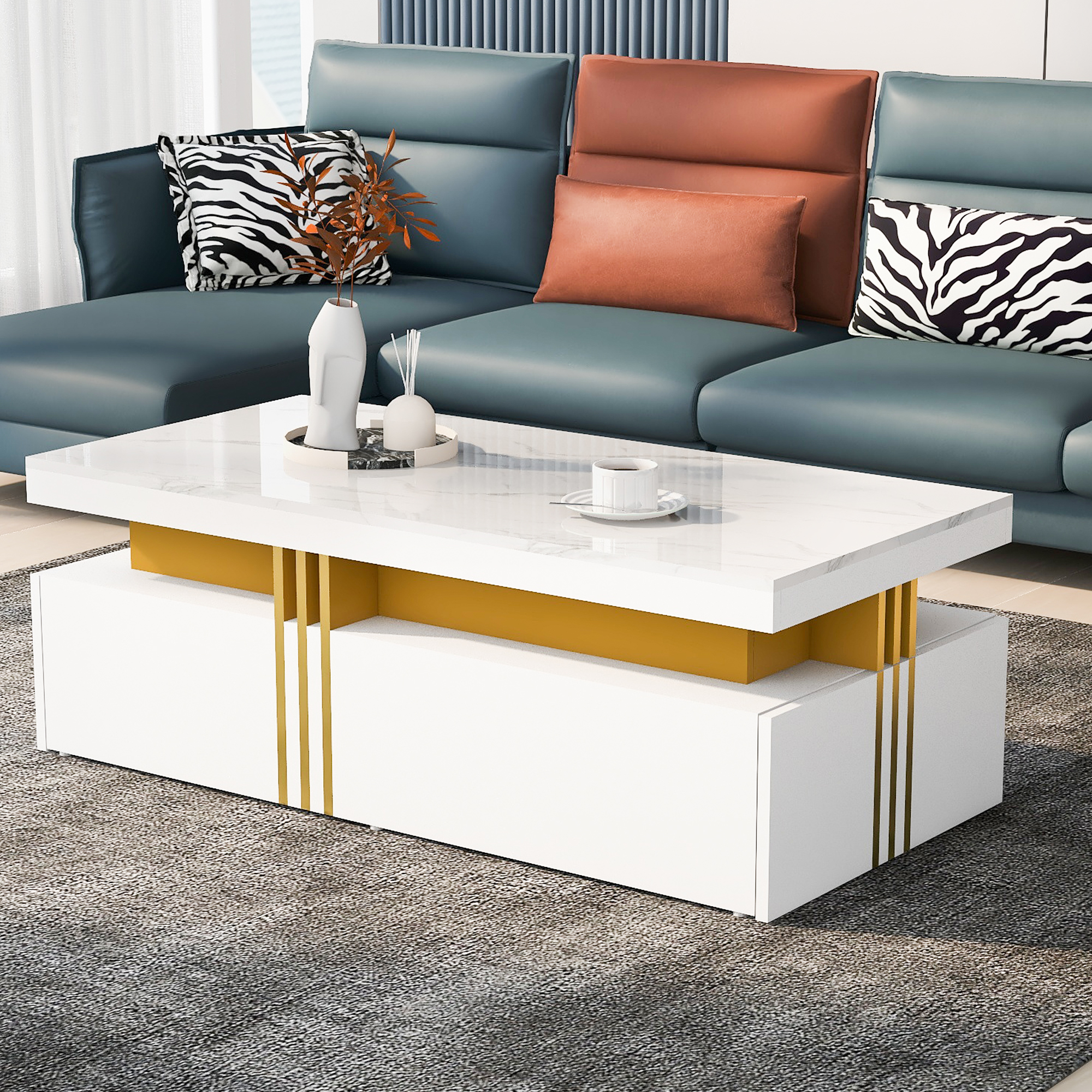 Table basse moderne Noble House, plateau laqué brillant effet marbre, blanche