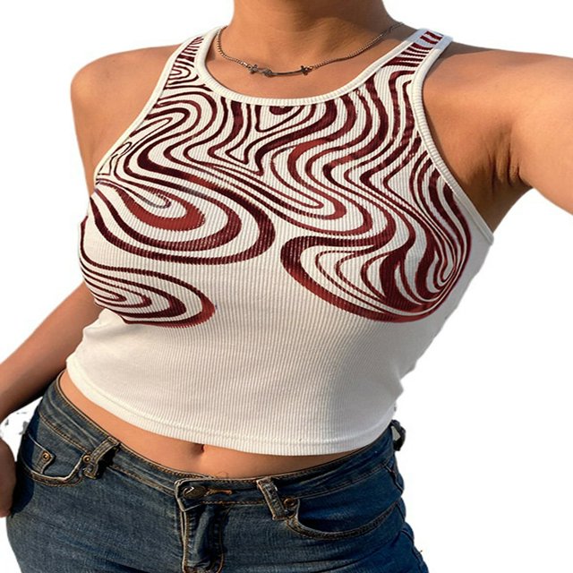 Débardeur Basique Sans Manches pour Femmes Crop Top Motif Imprimé