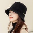 thumbnail image 4 of Women Bucket Hat Metal Decoration Solid Color Ear Protection Hat Faux Mink Velvet Anti Deformation Adjustable Rope Cap for Holiday, 4 of 10