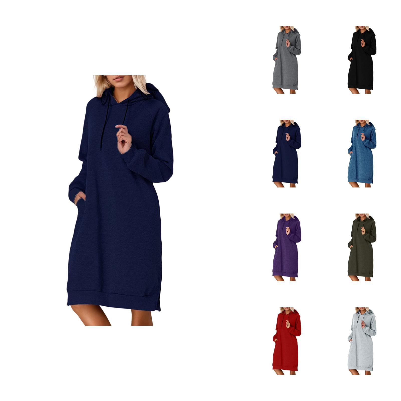 Longs Chandails à Capuchon pour Femmes 2025 Manches Longues Ourlet Fendu Robe à Capuchon Unie avec Poches Chandail à Capuchon pour Femmes